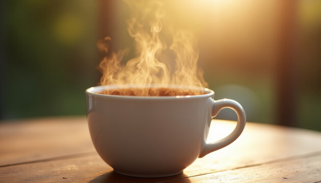 Warm cup of coffee with steam in the sunlight on a wooden table