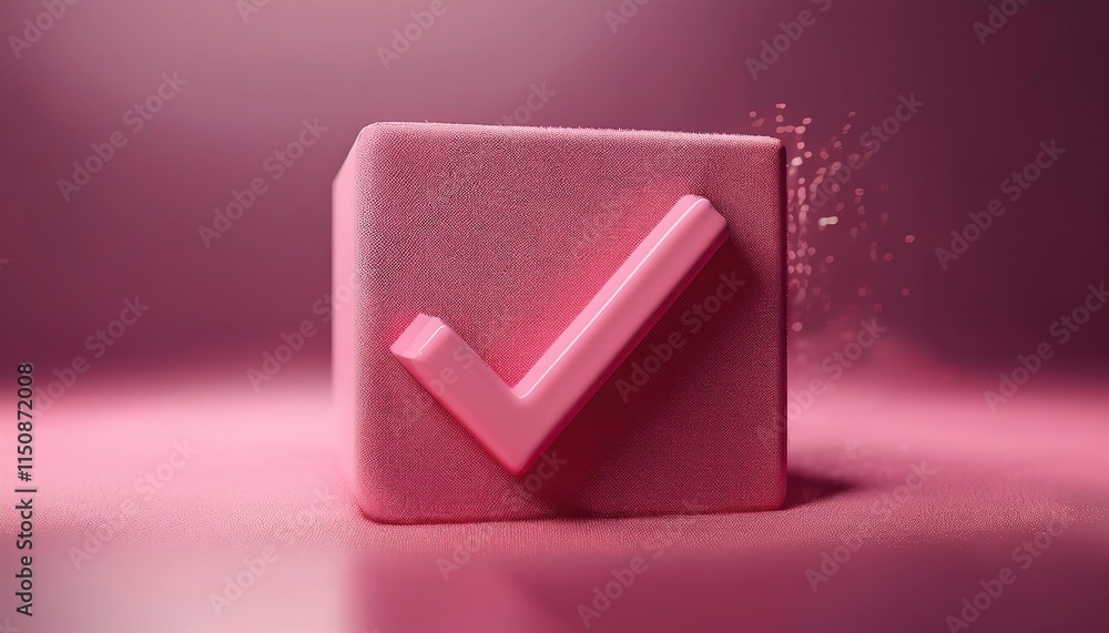 Poster a pink checkmark symbol on a textured block, surrounded by sparkling particles, set against a soft p