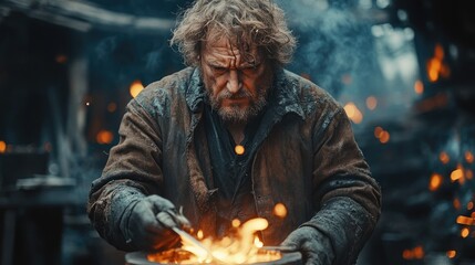 Obraz premium Elderly blacksmith working intensely at his forge, sparks flying.