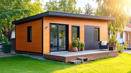 Modern wooden house with sleek design in sunny garden setting