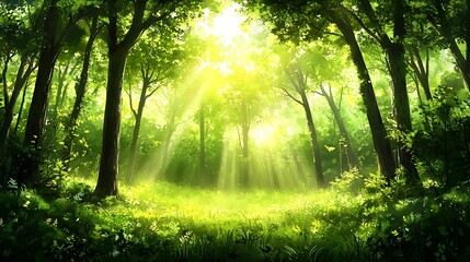 Obraz premium Sunlit Forest Scene Lush Green Canopy Rays Of Light