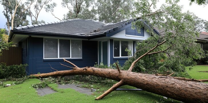 Fallen tree on home - gale aftermath, intense weather, tempest damage, roof renovation, home coverage process, foliage removal, calamity response, dwelling repair, storm clearance, structural fix.