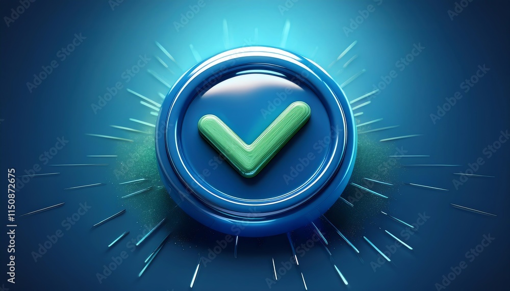 Poster a glossy blue button features a green check mark, radiating light, symbolizing approval or confirmat