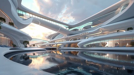 Obraz premium Futuristic Architectural Design: A Serene Water Feature at Sunset