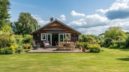 Fototapeta premium Charming Wooden Cottage Surrounded by Lush Green Gardens and Sky