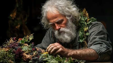 Elderly man with long white hair and beard meticulously arranging autumnal foliage and berries.