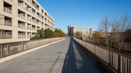 Modern Urban Walkway with Residential Buildings and Blue Sky
