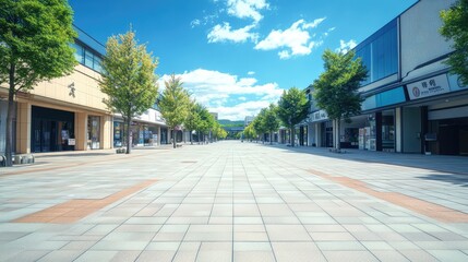 Empty Shopping Street Under Bright Blue Sky with Trees and Shops
