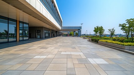 Modern Urban Plaza with Paved Pathway and Lush Greenery