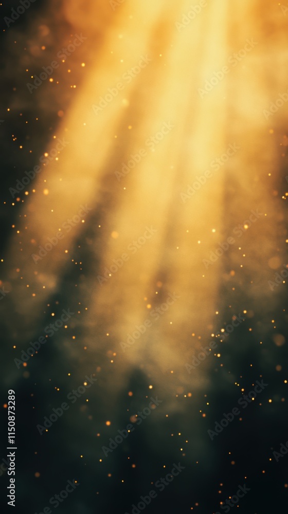 Poster golden sunlight rays with floating dust particles creating a magical atmosphere in a dark space, ide