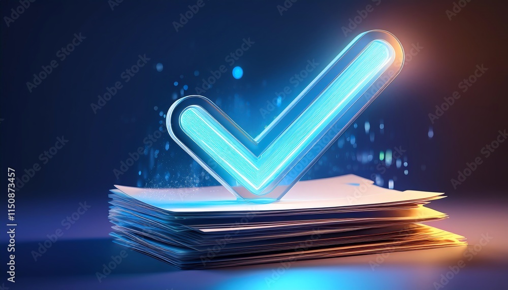 Poster a glowing checkmark above a stack of papers symbolizes approval and confirmation in a digital contex