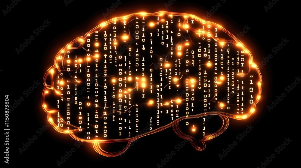 Poster illuminated brain with binary code and glowing effects