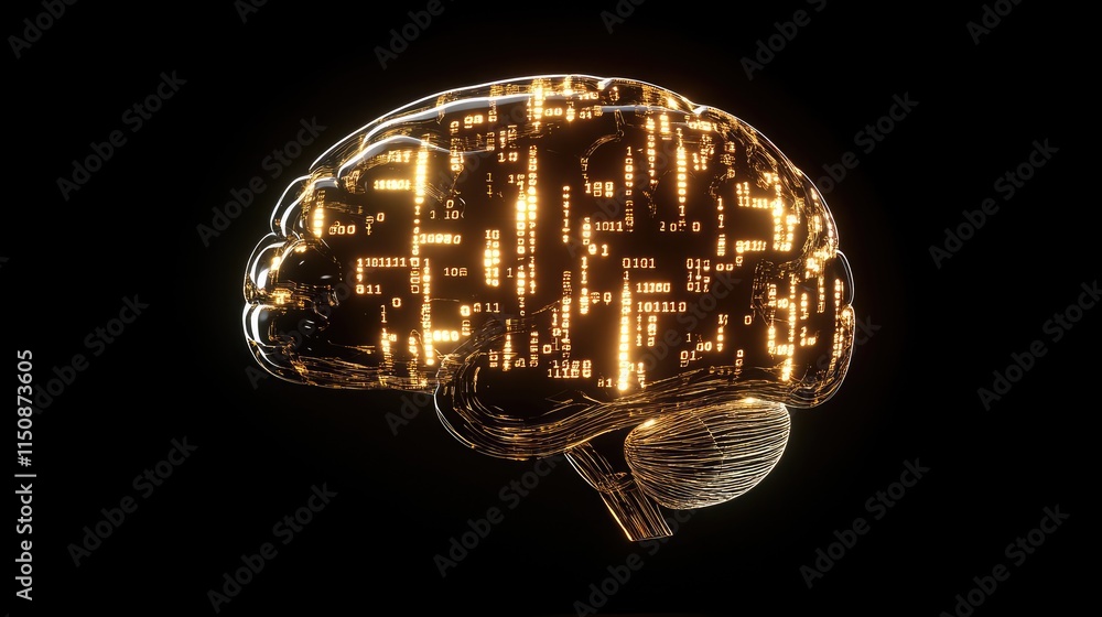 Poster digital brain concept with binary code and glowing effects