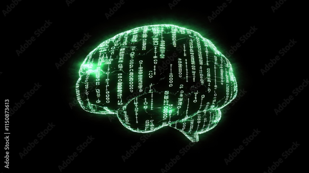 Poster digital brain illustration with flowing binary code and neon glow