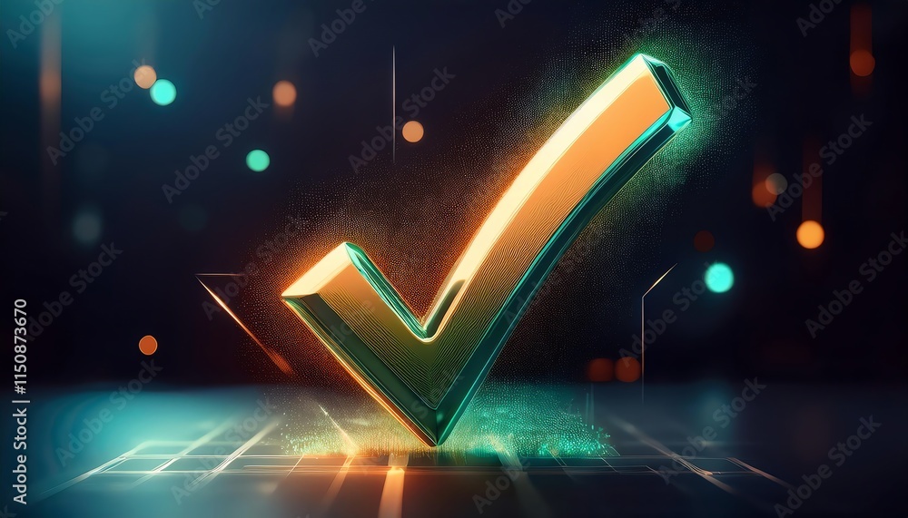 Poster a glowing green and orange checkmark against a dark background, symbolizing verification or approval