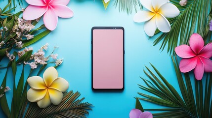 Smartphone Surrounded by Tropical Flowers and Green Leaves