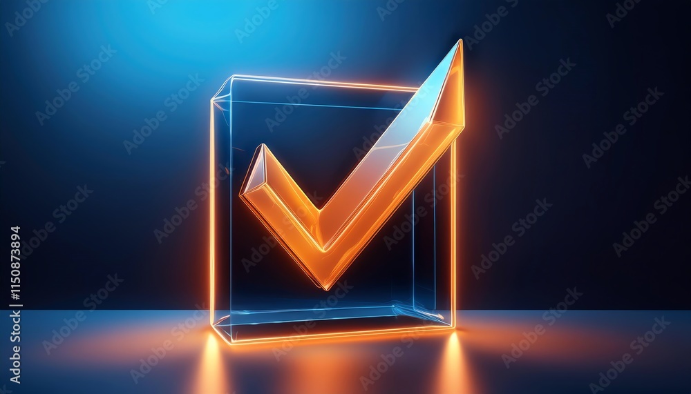Poster a glowing, transparent checkbox with a checkmark, set against a dark background, symbolizing approva