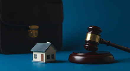 Real Estate House trial miniature house property auction foreclosure Lawyer concept blue background