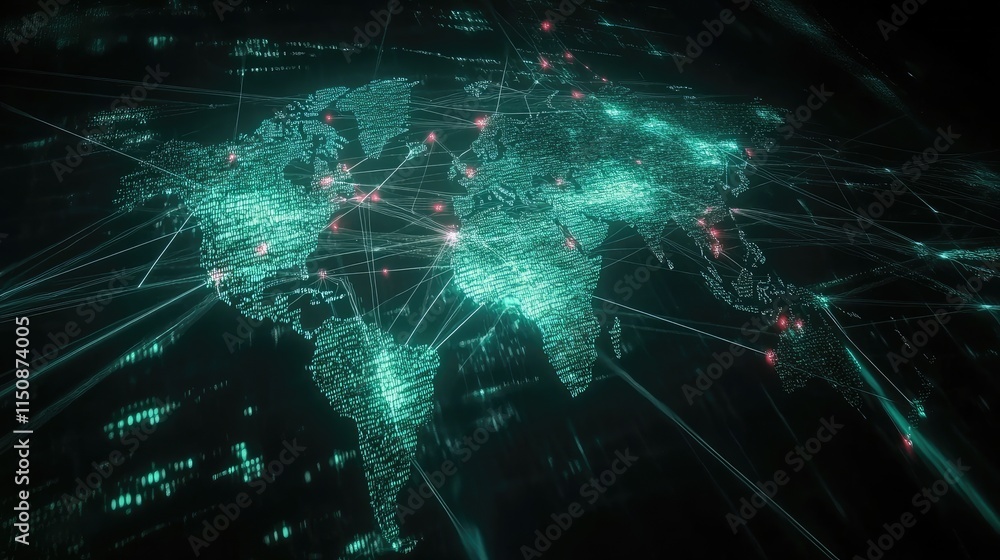 Poster digital world map with data connections and network visualizations