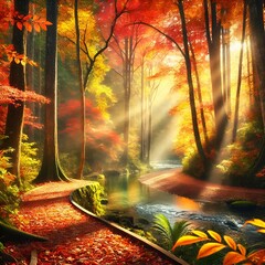 Red forest in the morning with sunlight streaming in, with paths and streams