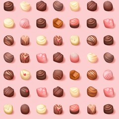 valentines Seamless Pattern. Assorted Romantic Chocolates on Digital Paper Design in Rows for Sweet Treats