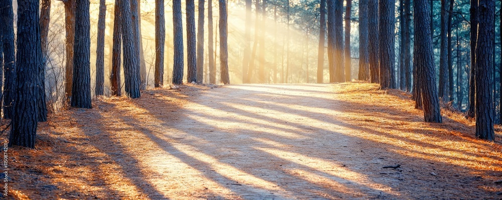 Poster serene nature idea. a serene forest path illuminated by sunlight, creating a tranquil natural scene.