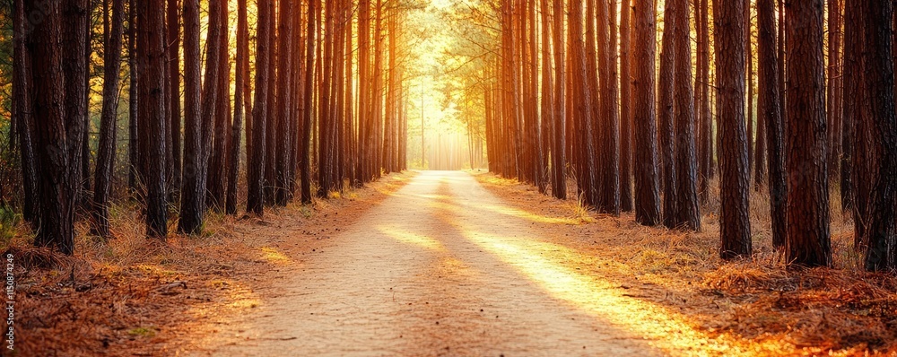 Poster serene nature idea. a serene forest path illuminated by sunlight, creating a tranquil atmosphere.