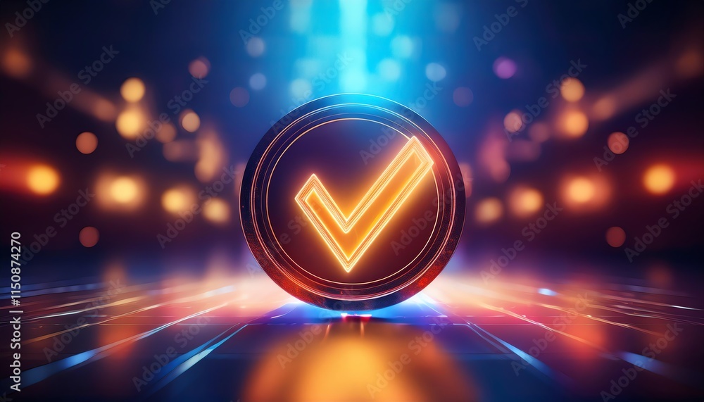 Poster a glowing checkmark symbol on a vibrant, futuristic backdrop with colorful lights, representing appr
