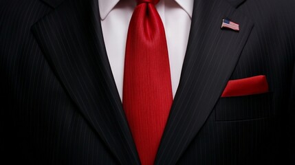 Power Dressing: A close-up shot of a sophisticated black suit with a vibrant red tie and a subtle American flag detail in the pocket.  The image exudes power, confidence, and American pride.