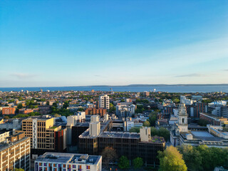 High Angle View of Downtown of Portsmouth City Centre Located at Beach and Sea Port Docks of England United Kingdom. Aerial Image Was Captured with Drone's Camera on May 15th, 2024.