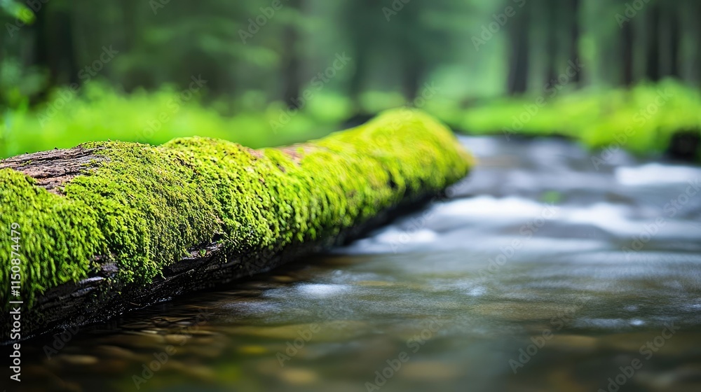 Aufkleber serene nature concept. a serene view of a moss-covered log by a flowing stream in a peaceful forest.