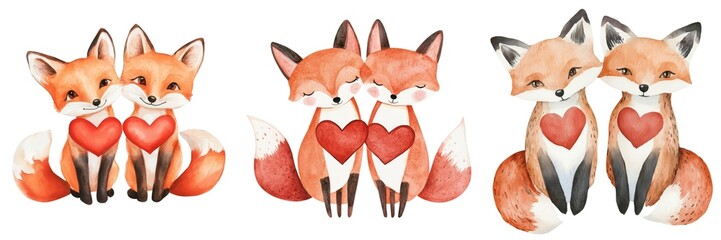 Fototapeta premium Three pairs of cute foxes with hearts, showcasing love and friendship in a whimsical, colorful watercolor style.