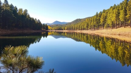 Fototapeta premium Serene nature concept. Serene lake surrounded by lush forest reflecting stunning mountains in clear blue sky.