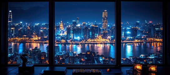 Obraz premium A vibrant city skyline illuminated at night with reflections on the water.