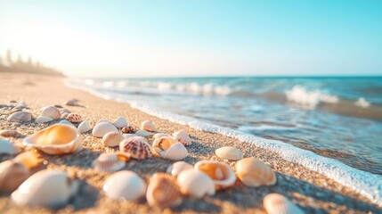 Serene nature idea. Beautiful seashells scattered along a sandy beach at sunrise, with gentle waves in the background.
