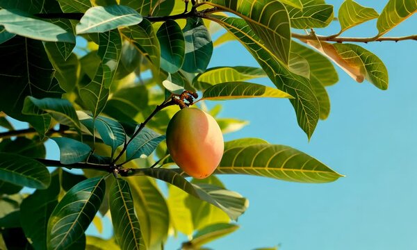 Ripe mango hanging on tree under sunlight with green leaves