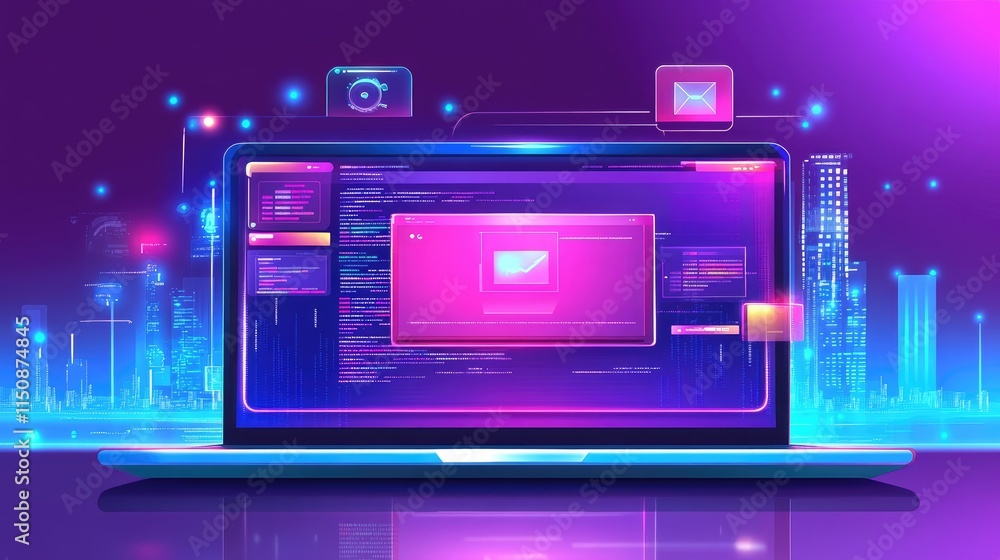 Poster futuristic laptop displaying code with vibrant digital elements