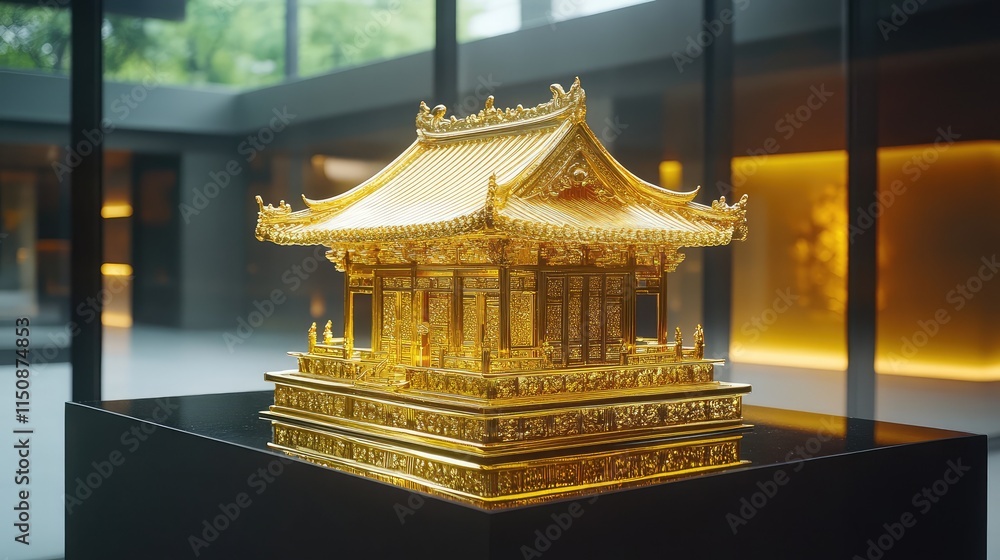 Poster golden temple structure in modern gallery setting with soft lighting