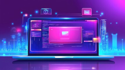 Obraz premium Futuristic Laptop Displaying Code with Vibrant Digital Elements