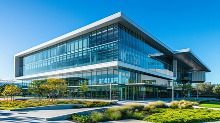 Fototapeta premium Modern Glass and Steel Office Building with Landscaped Grounds