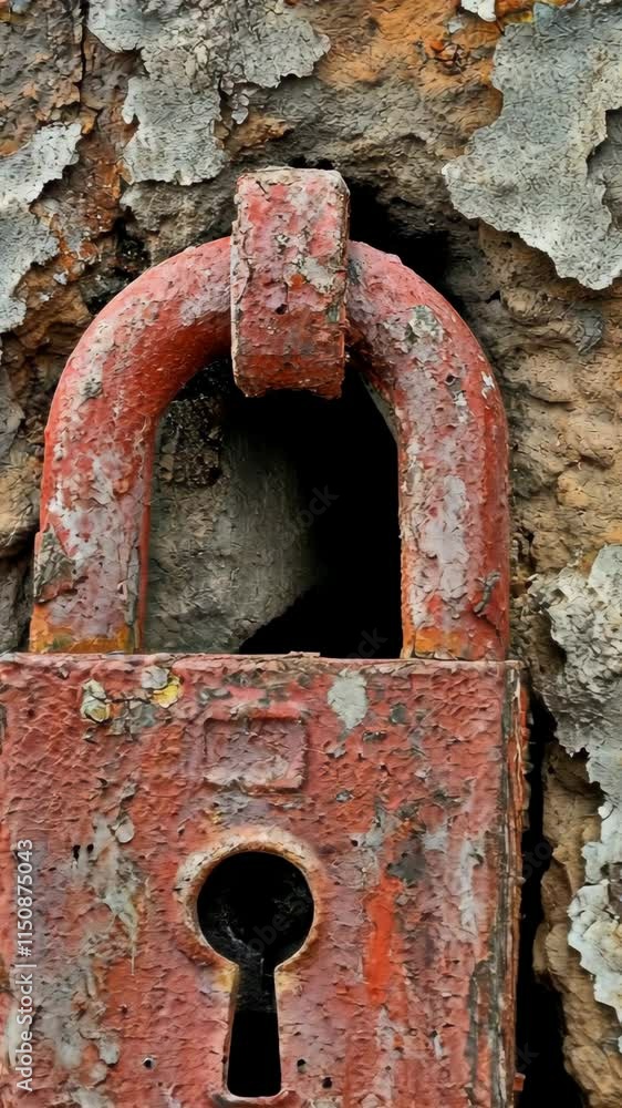 Poster rusty padlock secured to an old, weathered wall with peeling paint and unique textures in a rustic s