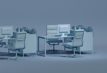 Minimal Office Desk in Pastel blue Color Palette Design Trend color 2025. Stylish Workplace, Teamwork. Mockup Template, 3D Rendering.