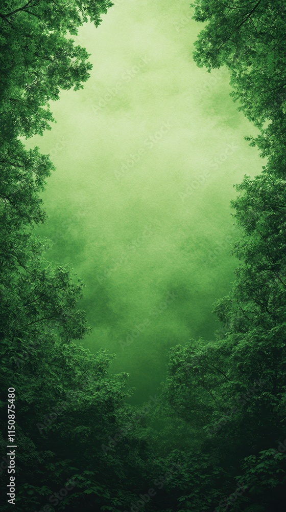 Poster verdant tree canopy under green filter effect in lush forest scene with foliage detail and textured 