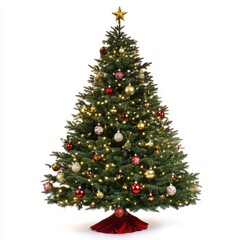 Fototapeta premium A Christmas tree decorated with ornaments and lights, isolated on a white background.