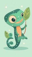 Naklejka premium Adorable Cartoon Chameleon Holding a Leaf