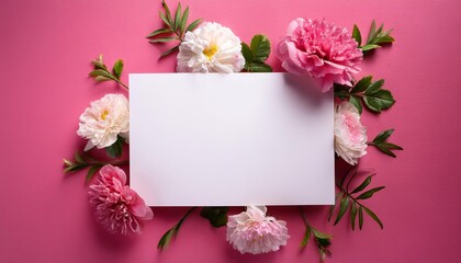 White blank love letter, greeting card on the pink background with flowers