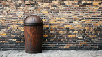 Obraz premium Vintage Trash Can Against Rustic Brick Wall in Urban Setting