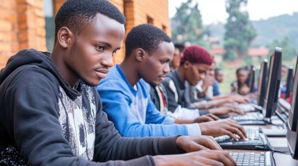 Focused young African men using computers in a row.
