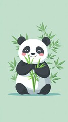 Naklejka premium Adorable Panda Bear Holding Bamboo Shoots