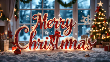 A stunning "Merry Christmas" design with vibrant festive elements, glowing typography, golden bells, and snowflakes, set against a cozy holiday backdrop filled with warmth and cheer